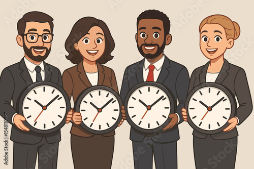 Diverse Businesspeople Holding Clocks, Emphasizing Time Management, Effective Planning, Productivity, Teamwork, Work Schedule, Deadline, Corporate Strategy, Vector Cartoon Illustration