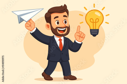 Businessman launching paper plane with bright light bulb idea startup concept, creative solution, innovation, success, cartoon vector illustration of entrepreneur with inspiration and motivation