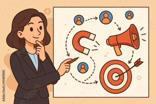 Businesswoman planning marketing strategy, customer attraction, target audience engagement, campaign promotion, advertising concept. Vector cartoon, sales funnel, megaphone, magnet, bullseye