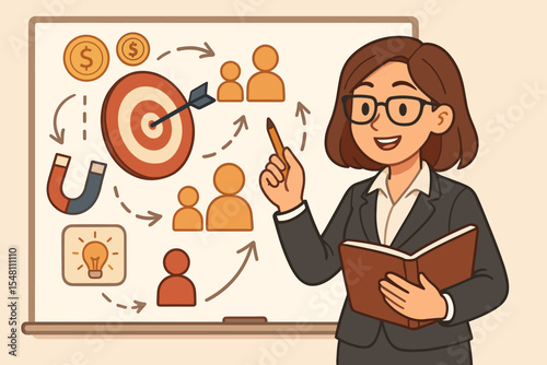 Businesswoman Planning Marketing Strategy and Customer Attraction Campaign. Target Audience, Magnet for Leads, Generating Ideas, Financial Growth, Promotion Tactics. Vector Cartoon Illustration