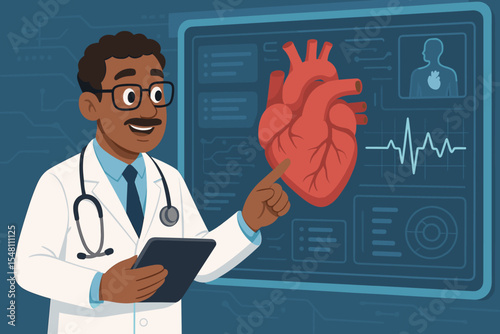 Cardiologist examining human heart anatomy on futuristic digital screen. Medical doctor analysis, cardiology diagnosis, heart health monitoring, ECG, healthcare technology vector illustration