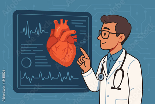 Cardiologist doctor analyzing human heart on digital medical interface. Modern healthcare technology, electrocardiogram, cardiology diagnosis, heart health concept. Vector illustration