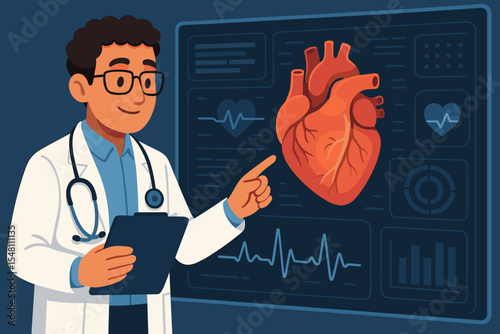 Cardiologist with stethoscope examining heart anatomy on digital medical screen. Vector illustration of doctor analyzing patient cardiovascular health, ECG, heartbeat, cardiology technology concept