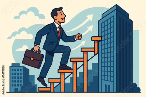 Ambitious Businessman Climbing Corporate Ladder Success, Career Growth, Professional Advancement, Office Worker Motivation, Urban Skyscraper, Achievement, Opportunity, Steps Up, Leadership Vector
