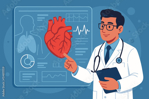 Cardiologist doctor analyzing human heart anatomy on digital medical interface. Cardiology consultation, heart disease diagnosis, healthcare professional, vector illustration for hospital or clinic