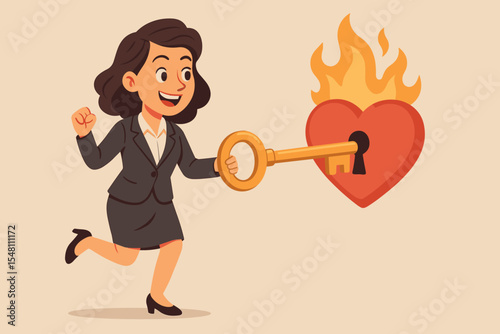Businesswoman unlocking burning heart with golden key. Passion motivation metaphor. Corporate success inspiration. Career ambition. Female leader determination. Emotional drive in business