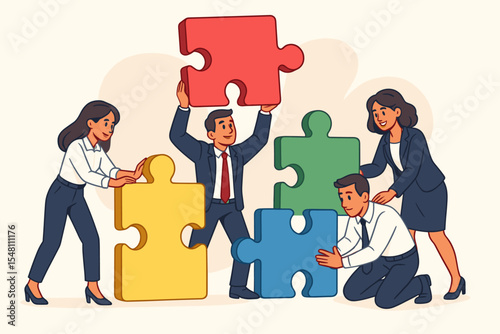 Teamwork Collaboration Concept. Business People Assembling Colorful Puzzle Pieces. Creative Problem Solving, Business Success, Partnership, Team Building, Corporate Strategy. Vector Illustration
