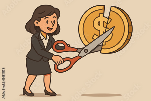 Businesswoman cutting dollar coin with scissors, financial cost reduction, budget management, expense control, savings, economy concept, cartoon vector illustration for business finance