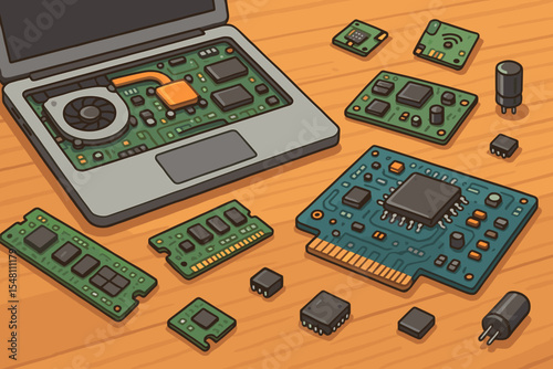 Vector cartoon illustration of laptop motherboard, circuit boards, RAM modules, electronic components, and computer parts on desk. Technology repair concept. Digital hardware maintenance.