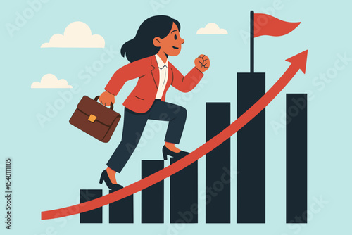 Businesswoman climbing career ladder on bar chart. Ambition, success, corporate growth, professional advancement, leadership, motivation. Vector illustration for business achievement, promotion.