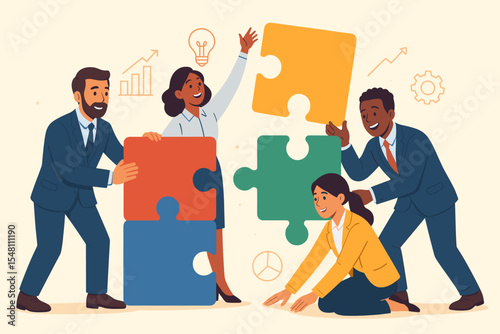 Diverse business team collaboration, teamwork problem-solving, assembling colorful puzzle pieces, partnership, strategy, creative office brainstorming, success synergy concept, vector illustration