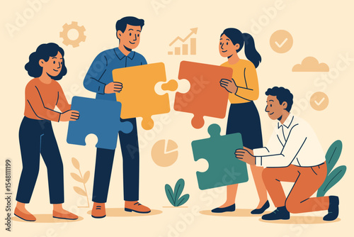 Diverse business team collaboration concept. Teamwork connecting puzzle pieces for strategy, problem solving, partnership. Office coworkers working together. Modern flat vector illustration