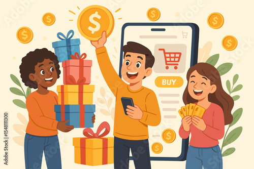 Online shopping cashback rewards program concept. Customers receiving money, gift boxes, loyalty points. Vector illustration of people with presents, cash, smartphone, e-commerce app, digital payment