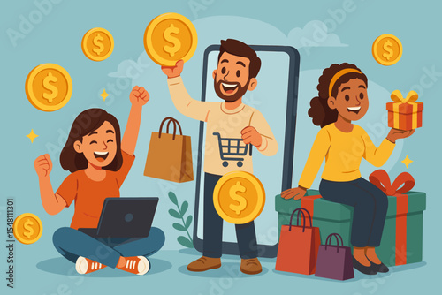 Online shopping cashback rewards, customers celebrating loyalty programs, receiving discount gifts, digital payment success, cartoon people with coins, shopping bags, presents, ecommerce