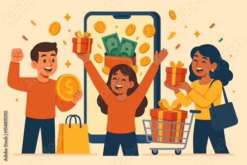 Happy customers receiving cashback rewards, gift boxes, and money from online shopping loyalty program through mobile app. Cartoon family celebrating bonus, discount, and digital reward offers