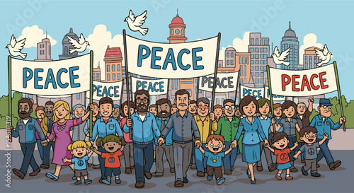 Diverse Group Marching for Peace with Banners and Flying Doves.