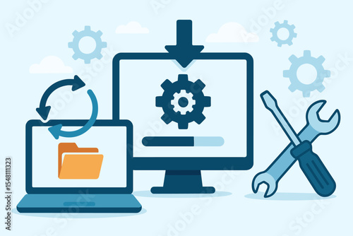 Computer System Update Process with Data Synchronization, Software Installation, Maintenance Tools, Progress Bar, Gears, Folders, Cloud Technology. Vector Illustration for IT Support Services