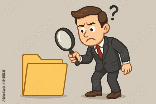 Cartoon businessman searching for missing data with magnifying glass and empty file folder, business document investigation, information loss, office management, problem solving concept illustration