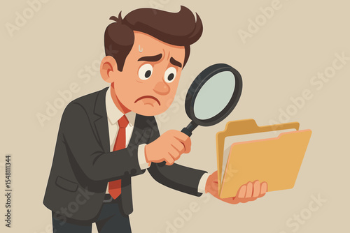 Cartoon businessman in suit with magnifying glass examining empty file folder. Data search analysis, information investigation, document management, audit, research, problem solving concept vector