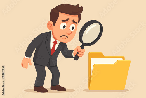 Cartoon businessman searching documents with magnifying glass, facing data search issues, empty file folder, office problem, investigation, information loss, confused, corporate analysis concept