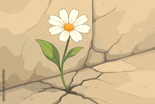 Resilient white daisy blooming through cracked dry earth, symbolizing hope, perseverance, strength, survival in adversity, growth, overcoming challenges. Vector cartoon nature illustration, no text
