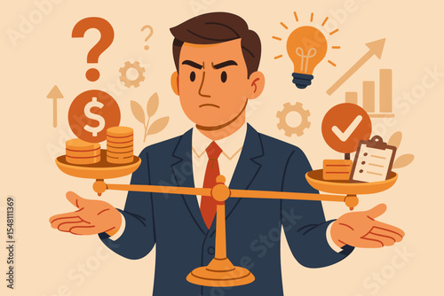 Business decision making concept. Professional manager weighing finance and priorities. Balance scale with money, checklist, coins, lightbulb for ideas, growth chart. Vector illustration.