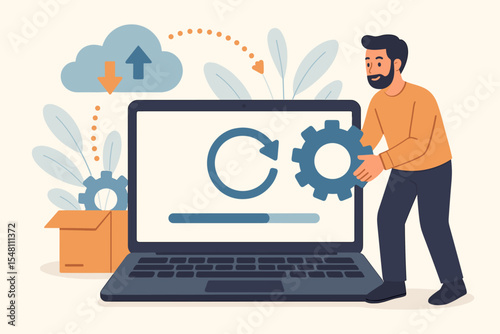 Cloud data synchronization and software installation progress concept. System update process on laptop screen. Gear settings, upload download arrows, package box. Modern vector cartoon illustration.