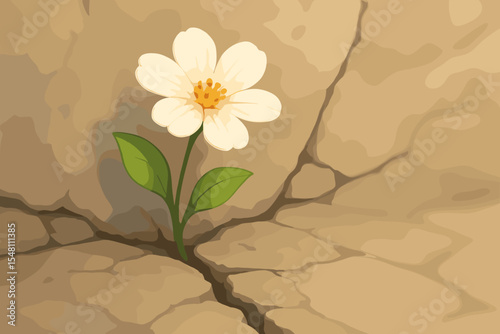 Resilient white flower blooming through cracks in dry earth, symbolizing hope, perseverance, nature survival, growth in adversity. Vector illustration, no text. Environmental concept background