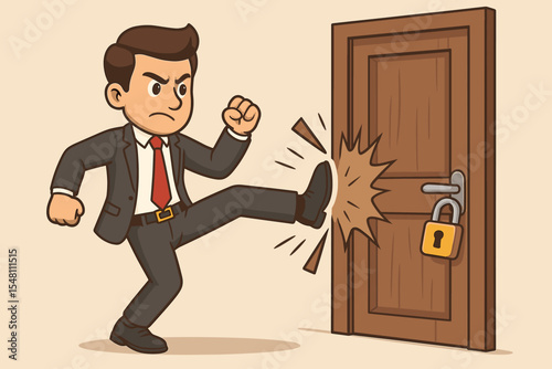 Confident businessman breaking through locked door overcoming obstacles, determination, cartoon vector illustration, business success, challenge, problem solving, perseverance, office concept