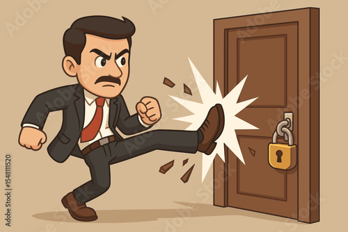 Determined businessman breaking obstacles kicking locked door, overcoming challenges, success concept, aggressive solution, cartoon vector illustration, leadership, business motivation