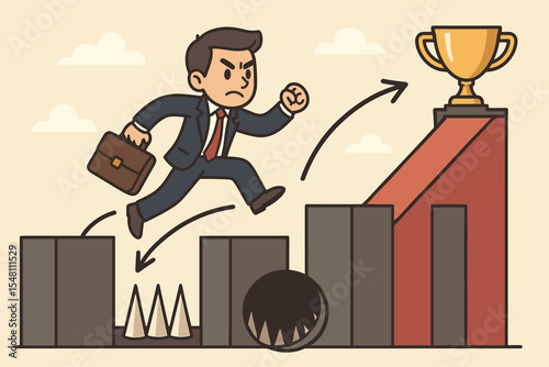 Ambitious businessman overcoming business obstacles, jumping over pitfalls and barriers, striving for success, career growth, motivation, business challenge, achievement concept, vector illustration