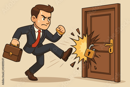 Motivated businessman breaking through locked door with powerful kick, overcoming obstacles, business challenge, achieving success, determination, resilience, vector cartoon illustration