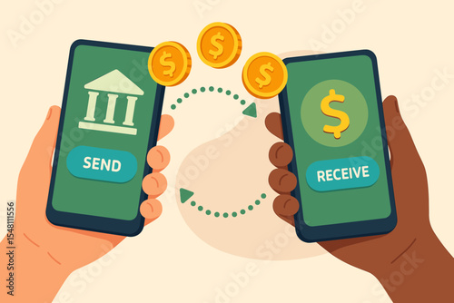 Mobile Money Transfer Payment Transaction. Sending and Receiving Digital Payments via Smartphone Banking App. Online Finance Concept. Fast Cash Transfer, E-Wallet Exchange, Peer to Peer Banking Vector
