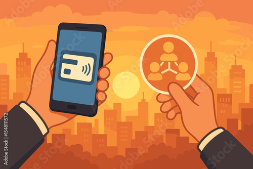 Mobile digital payment and customer networking concept. Hands holding smartphone with contactless pay app and people connection icon. City skyline at sunset. Urban fintech business vector illustration