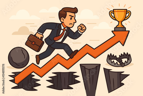 Ambitious businessman overcoming business challenges and obstacles, running on growth arrow, avoiding pitfalls, traps, barriers, and dangers to reach trophy symbolizing success. Vector cartoon concept