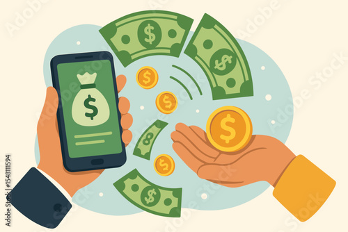 Digital money transfer concept. Receiving payment via smartphone banking app. Mobile finance transaction, hands exchanging cash and coins, wireless payment illustration. Online banking vector