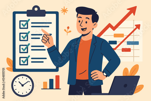 Project management success concept. Businessman pointing at checklist. Tracking progress, achieving goals, productivity, analytics, planning, tasks, schedule, time management. Vector illustration