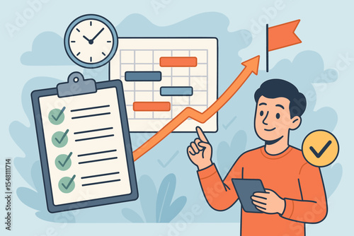Project management success concept. Productivity improvement. Vector illustration of checklist, timeline, clock, progress chart, upward arrow, completed tasks, goal achievement, team workflow