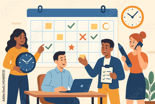 Diverse office team planning schedule and deadlines with calendar, discussing tasks, holding clock and checklist, project management, time management, teamwork collaboration, vector illustration