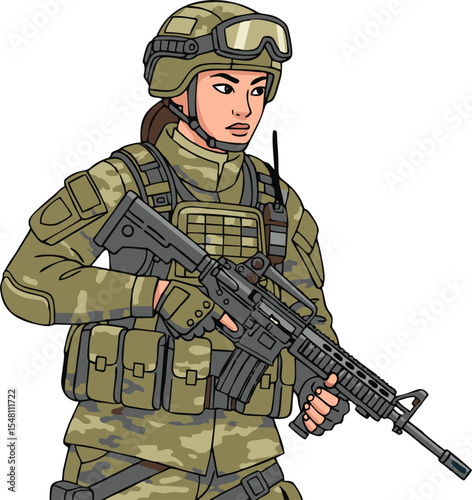 Female Soldier in Camouflage Uniform Holding Rifle
