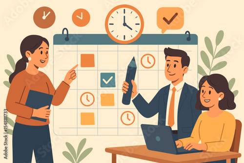 Office team collaboration scheduling meetings planning deadlines. Business people organizing work calendar. Time management teamwork agenda vector. Corporate productivity workflow concept