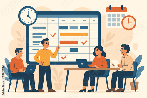 Project management teamwork scheduling vector. Business meeting planning tasks, deadlines, collaboration, calendar, time management, workflow organization, agenda, productivity concept illustration