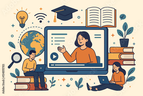 Online Education and E-Learning Concept. Virtual Classroom Webinar, Distance Learning Platform, Digital Knowledge Sharing, Students Using Laptops, Books, Graduation Cap, Technology Vector Illustration