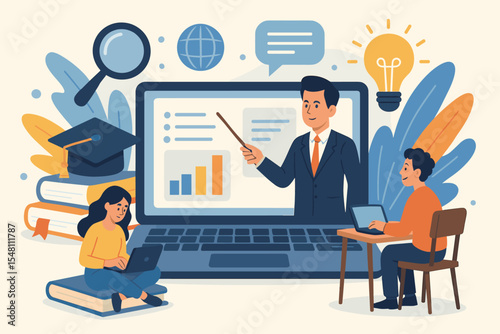 Online Education and E-Learning Concept, Digital Classroom, Remote Training, Internet Teaching Platform, Virtual Lessons, Knowledge Sharing, Students and Teacher with Laptops, Modern Webinar