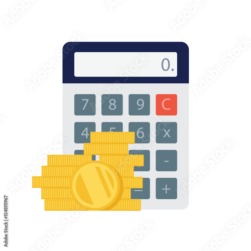 Financial calculation with calculator and gold coins