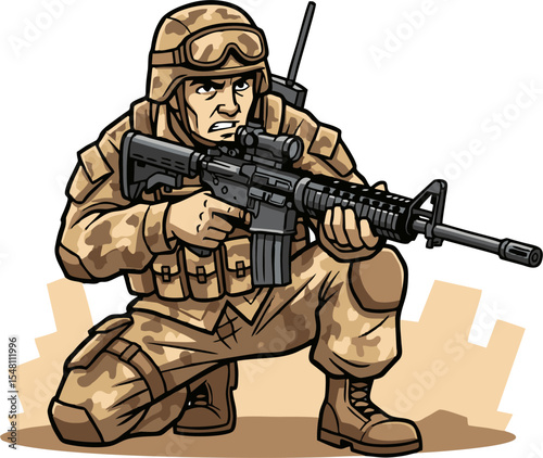 Focused Military Soldier in Camouflage Uniform with Rifle