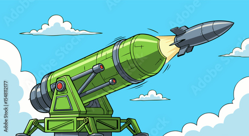 Green Missile Launcher Firing Rocket Against Blue Sky