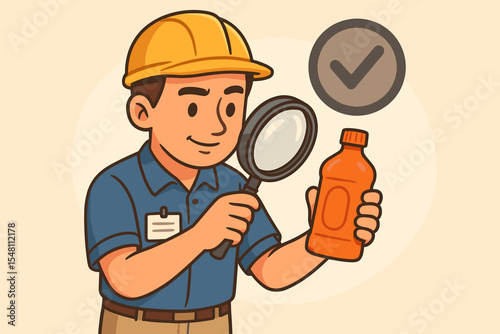 Quality control inspection concept. Factory worker in hard hat examining a product bottle with magnifying glass. Quality assurance illustration with approved checkmark icon. Vector cartoon.