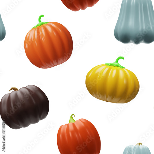 3d pumpkin autumn seamless pattern. Three-dimensional vector illustration vegetable decoration for October season, Thanksgiving day, Halloween. Fall food plant vegetarians. Healthy eating wrapping