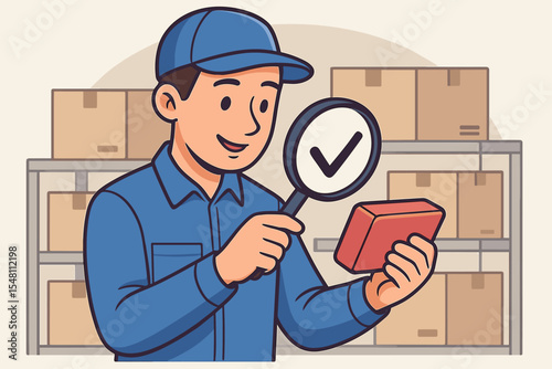 Quality control inspector examining product with magnifying glass and check mark icon. Warehouse shelves and boxes. Quality assurance process, employee reviewing packaged goods for excellence.